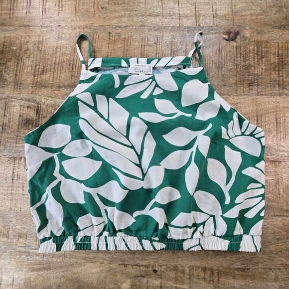 Nicole Miller Tops - Nicole Miller Artelier Linen Crop Tank Top L Green White Leaf Print Women’s